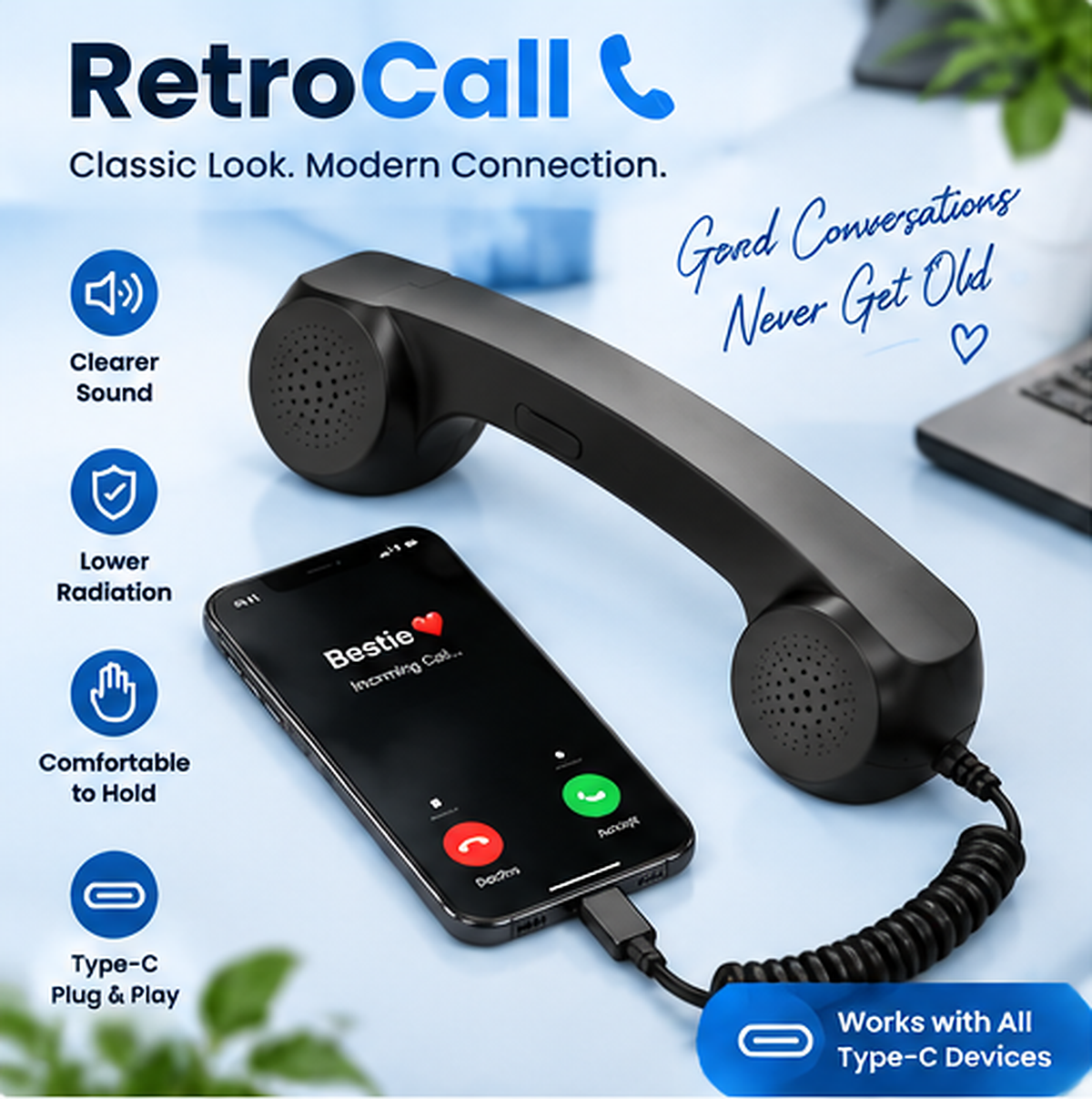 ☎️ Retro telephone handset with Type-C interface 📞